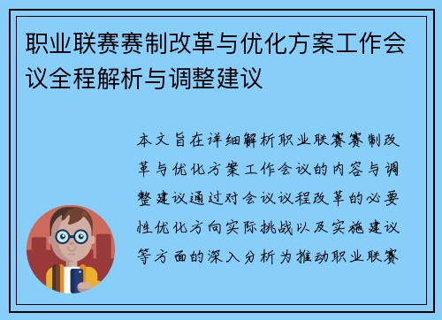 职业联赛赛制改革与优化方案工作会议全程解析与调整建议